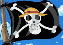 a black flag with a skull and crossbones and a straw hat on it is flying in the wind .