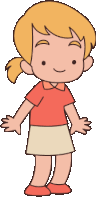 a girl with blonde hair is wearing a red shirt and beige skirt