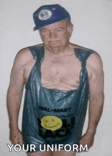 a man wearing a blue hat and a walmart bag