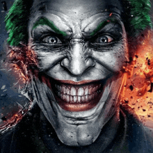 a close up of a joker 's face with a huge smile