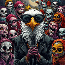 a bald eagle is holding a microphone in front of a crowd of skulls