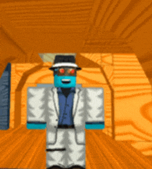 a cartoon character in a suit and hat is standing in a wooden room