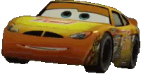 a close up of a yellow and orange cartoon car with blue eyes on a white background .