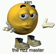 a yellow smiley face with the words " xen the rizz master " on it