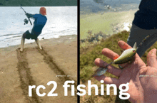 a picture of a man fishing and a picture of a person holding a fish with the words rc2 fishing below it