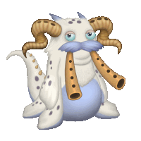 a cartoon character with horns and a mustache holds two flutes