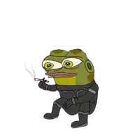 a frog in a black suit is smoking a cigarette and has the word hope on his chest