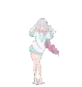 a pixel art of a girl dancing in a white dress with a pink tail .