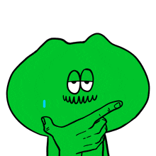 a cartoon frog with a tear coming out of its eye and a hand pointing at it