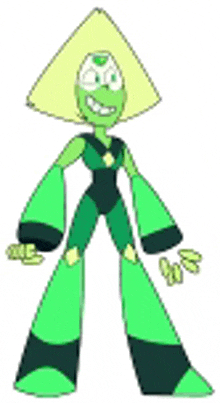 peridot from steven universe is a cartoon character with green arms and legs and a yellow head .