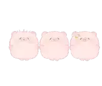 three pink pigs standing next to each other on a white background