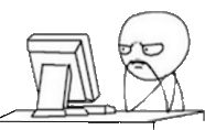 a stick figure is sitting at a desk looking at a computer monitor .