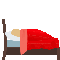 a person is laying in a bed with a red blanket and pillows