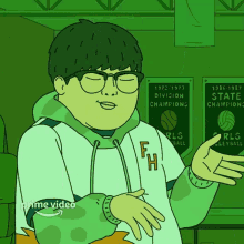 a cartoon of a man wearing a green sweatshirt with the letter f on it