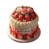 a happy birthday cake with strawberries and roses on it