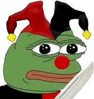 a green frog with a red clown nose and a jester hat holds a sword