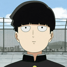 a cartoon character with black hair and white eyes stands in front of a chain link fence