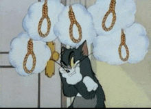 a cartoon cat is standing in front of a door with ropes hanging from it .