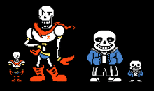 a pixel art of papyrus and sans standing next to each other on a black background