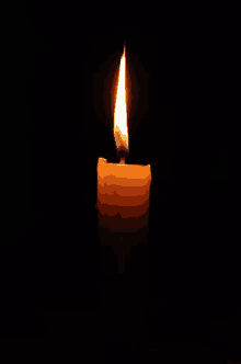 a single candle is lit up in the dark with a black background