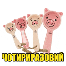 a set of measuring spoons with pig faces on them and the words " чотириразовий " underneath them