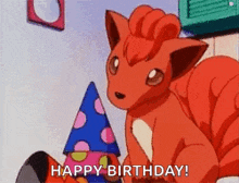 a cartoon pokemon is wearing a party hat and says `` happy birthday '' .