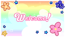 a rainbow background with flowers and the words welcome