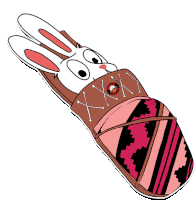 a sticker of a rabbit wearing a pink and black blanket with a x on it