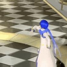 a doll with blue hair is standing on a checkered floor .