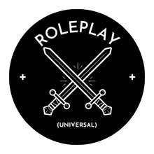 a black and white logo with two crossed swords and the words roleplay universal