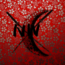 a red background with flowers and the letter n in black