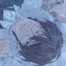 a drawing of two boys laying on a bed with a blue background