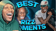 three men are laughing in front of a sign that says rizz moments