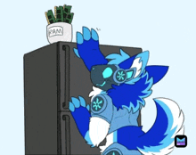 a cartoon of a blue furry animal reaching into a refrigerator with a container of ram on top of it