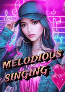 a poster for melodious singing features a girl wearing a hat