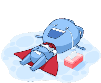 a blue cartoon character with a red cape is crying