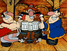 a group of cartoon characters are sitting around barrels holding mugs of beer