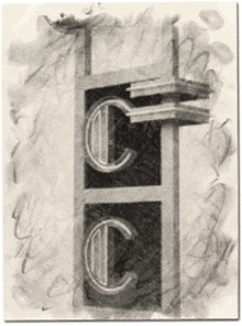 a black and white drawing of two letters c on a wall