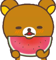 a cartoon teddy bear is holding a slice of watermelon in its mouth .