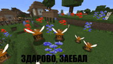 a screenshot of a game called minecraft with a few bees and flowers in the background