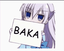 a girl with purple hair is holding a sign that says baka