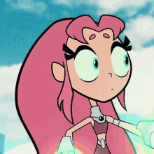 a close up of a cartoon character with pink hair and blue eyes .