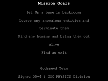 a black background with the words mission goals set up a base in backrooms