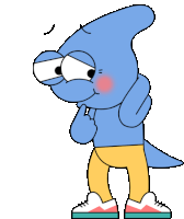 a cartoon character with a blue shirt and yellow pants is standing with his hand on his chin