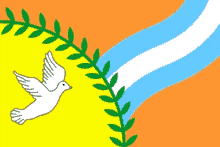 a flag with a dove and a laurel wreath on it