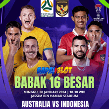 a group of soccer players standing next to each other with the words australia vs indonesia on the bottom