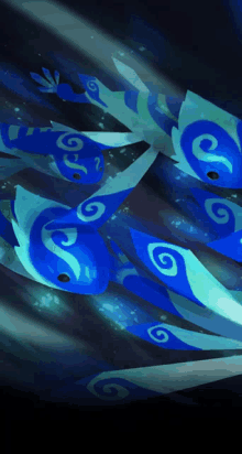 a painting of blue and white fish with swirls on their wings