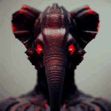 a statue of an elephant with red eyes and ears