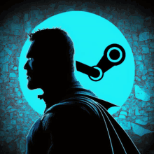 a man in a cape is standing in front of a steam icon