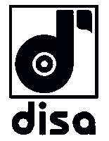 a black and white logo for disa with a white circle in the center